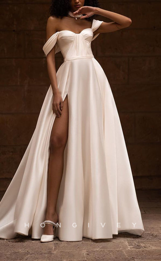 H1166 - Sexy Satin A-Line Off-Shoulder Empire With Side Slit Train Wedding Dress