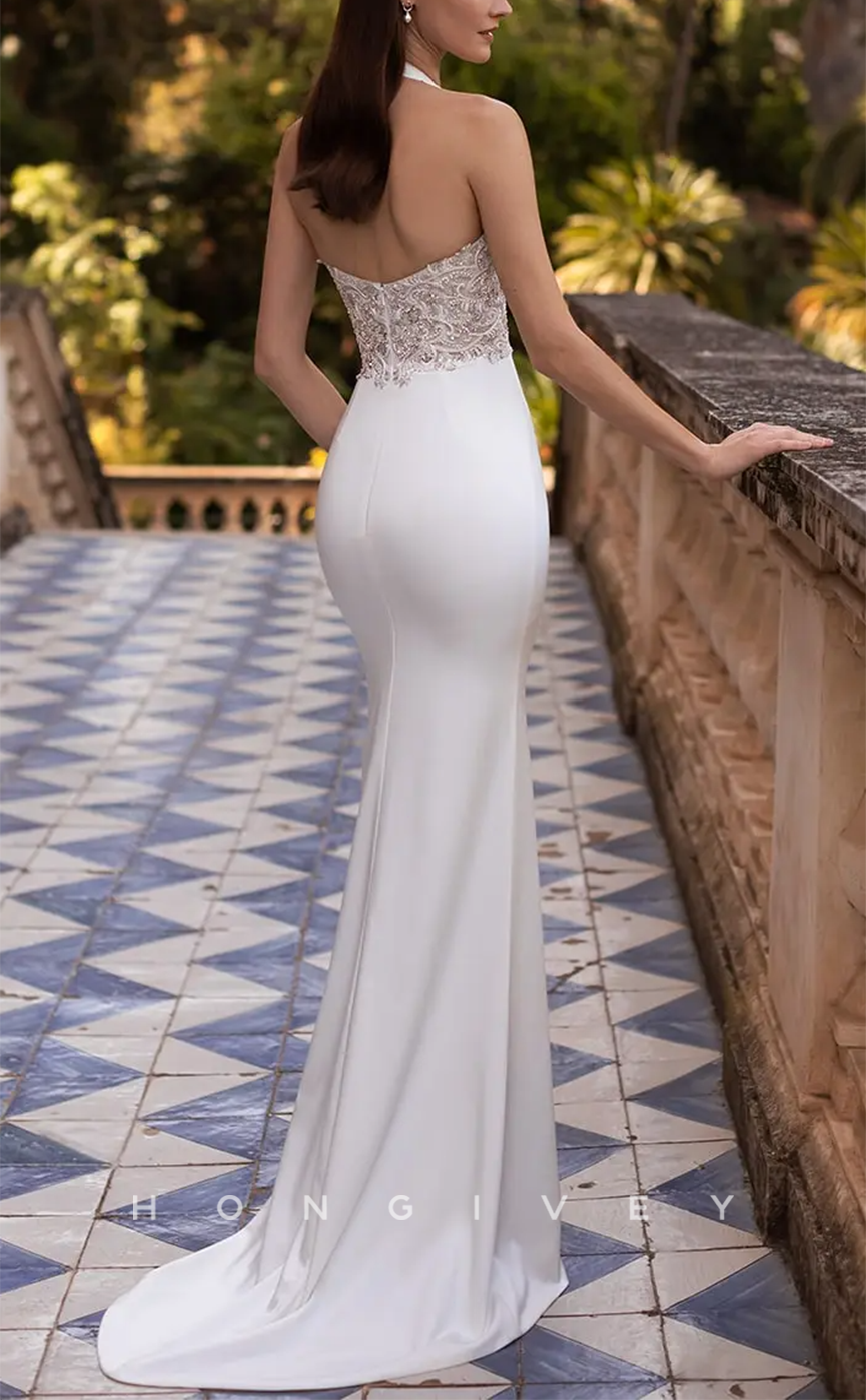 H1167 - Sexy Satin Fitted Sweetheart Halter Overskirt Gown Appliques Train Wedding Dress