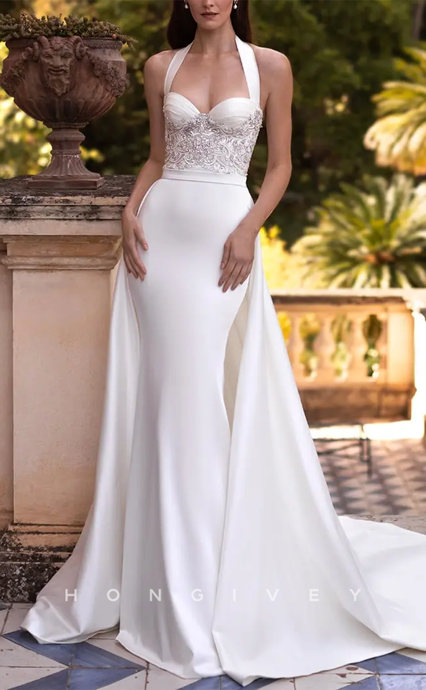 H1167 - Sexy Satin Fitted Sweetheart Halter Overskirt Gown Appliques Train Wedding Dress