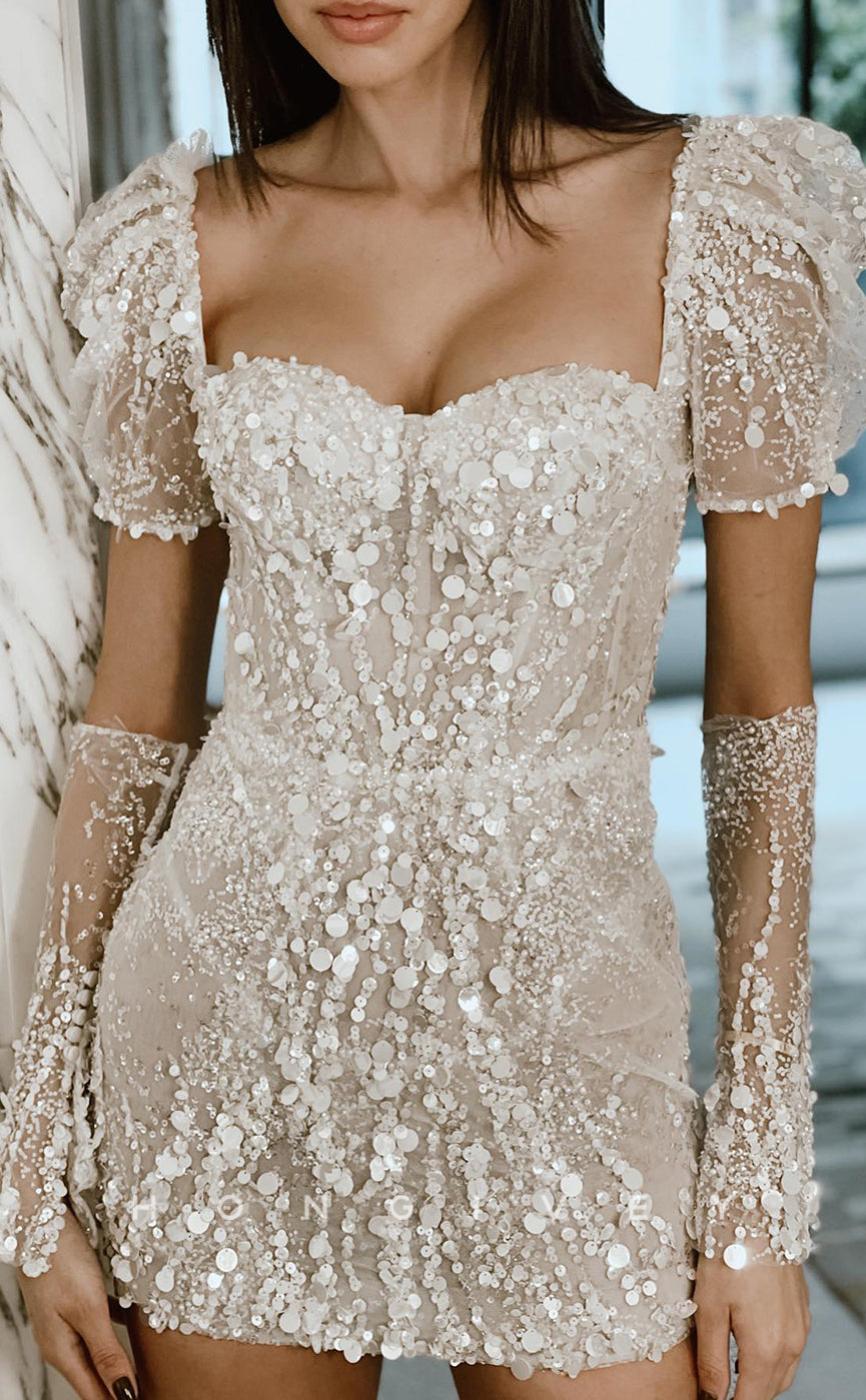 H1177 - Sexy Glitter Fitted Sweetheart Sequined Appliques Short Boho/Bnech Wedding Dress