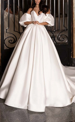 H1168 - Sexy Satin A-Line Sweetheart Detachable Puff Sleeves Gown Train Wedding Dress