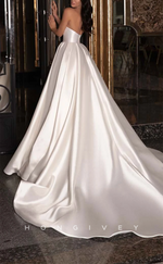 H1168 - Sexy Satin A-Line Sweetheart Detachable Puff Sleeves Gown Train Wedding Dress