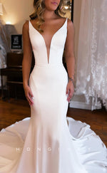 H1178 - Sexy Trumpt Satin Plunging  V-Neck Spaghetti Straps With Train Boho/Beach Wedding Dress