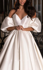 H1168 - Sexy Satin A-Line Sweetheart Detachable Puff Sleeves Gown Train Wedding Dress