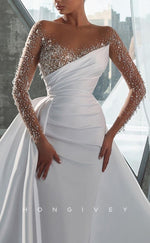 H1179 - Chic Satin V-Neck Long Sleeve Empire Ruched Beaded With Train Wedding Dress