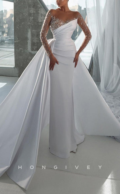 H1179 - Chic Satin V-Neck Long Sleeve Empire Ruched Beaded With Train Wedding Dress