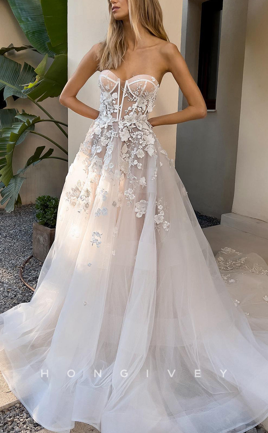 H1181 - Sexy Tulle A-Line Sweetheart Strapless Empire Floral  Appliques Train Wedding Dress
