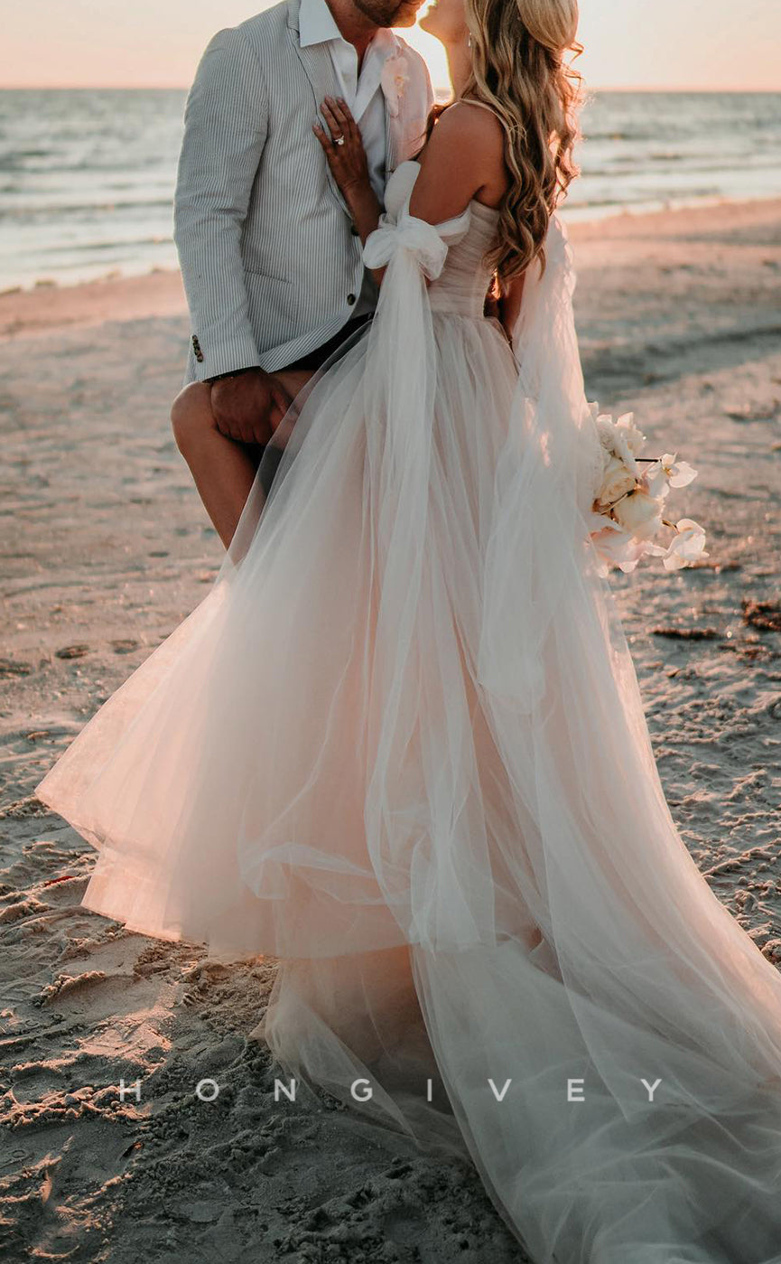 H1185 - Sexy Tulle Illusion A-Line Sweetheart Bowknot Strappy Empire With Side Slit Beach Wedding Dress