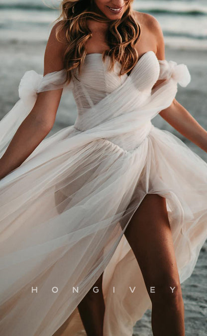 H1185 - Sexy Tulle Illusion A-Line Sweetheart Bowknot Strappy Empire With Side Slit Beach Wedding Dress