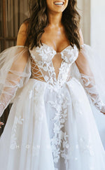 H1186 - Sexy Tulle A-Line Off-Shoulder Long Sleeve Empire Appliques Boho Wedding Dress