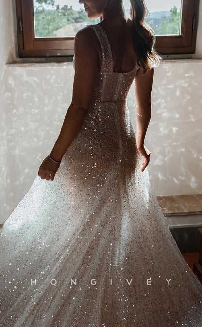 H1188 - Sexy Empire A-Line Glitter Illusion Bateau Straps Long Wedding Dress