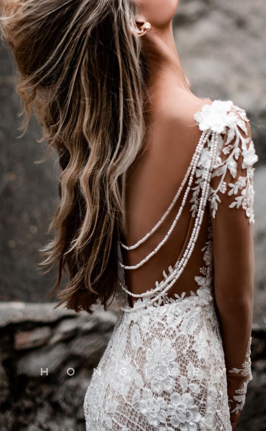 H1189 - Sexy Fitted Illusion Plunging V-Neck Long Sleeve Empire Appliques Beaded Boho Wedding Dress