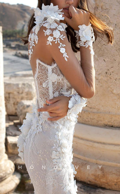 H1191 - Sexy Lace A-Line Illusion V-Neck Long Sleeves Empire Appliques With Side Slit Train Beach Wedding Dress