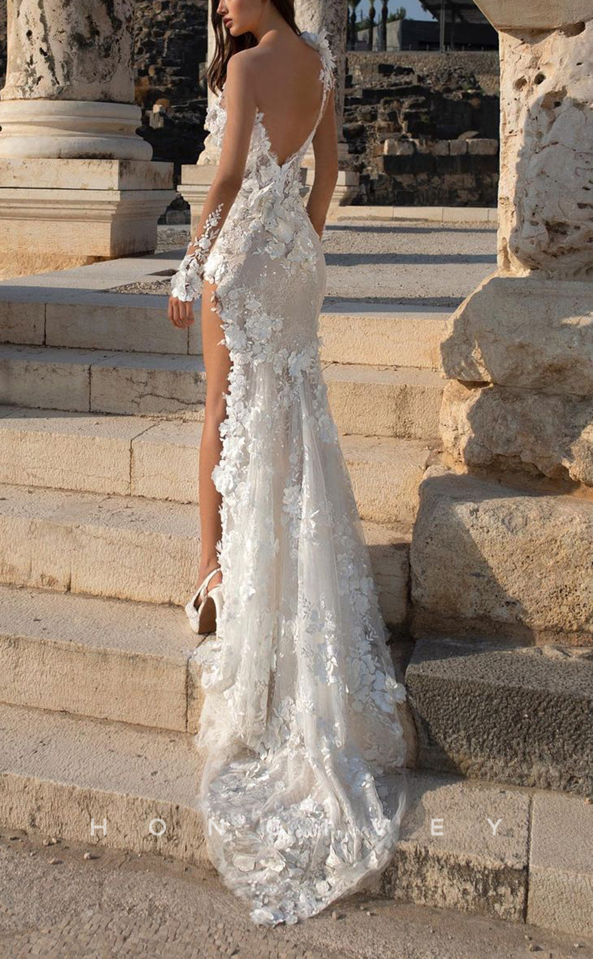 H1191 - Sexy Lace A-Line Illusion V-Neck Long Sleeves Empire Appliques With Side Slit Train Beach Wedding Dress