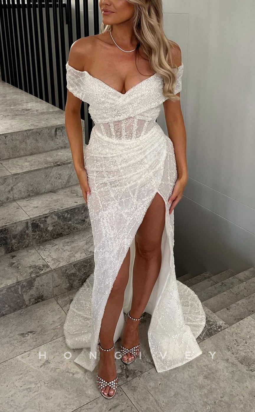 H1192 - Sexy Fitted Glitter Off-Shoulder Empire Ruched With Side Slit Train Beach Wedding Dress