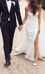 H1193 - Sexy Satin A-Line Bateau Sleeveless Empire Ruched With Side Slit Train Wedding Dress