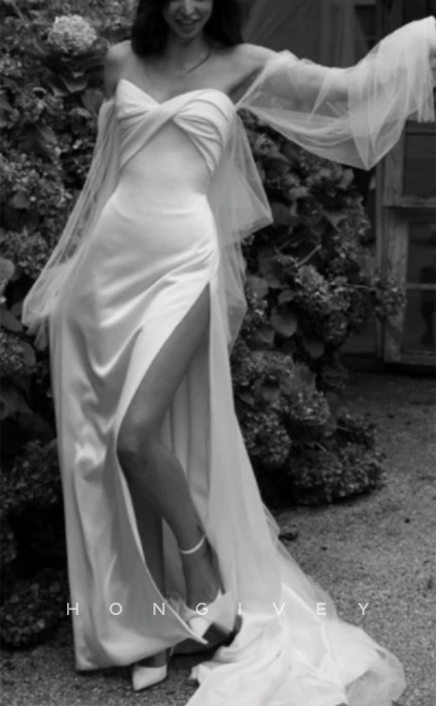 H1200 - Sexy Satin A-Line Sweetheart Long Sleeve Empire With Side Slit Train Beach Wedding Dress