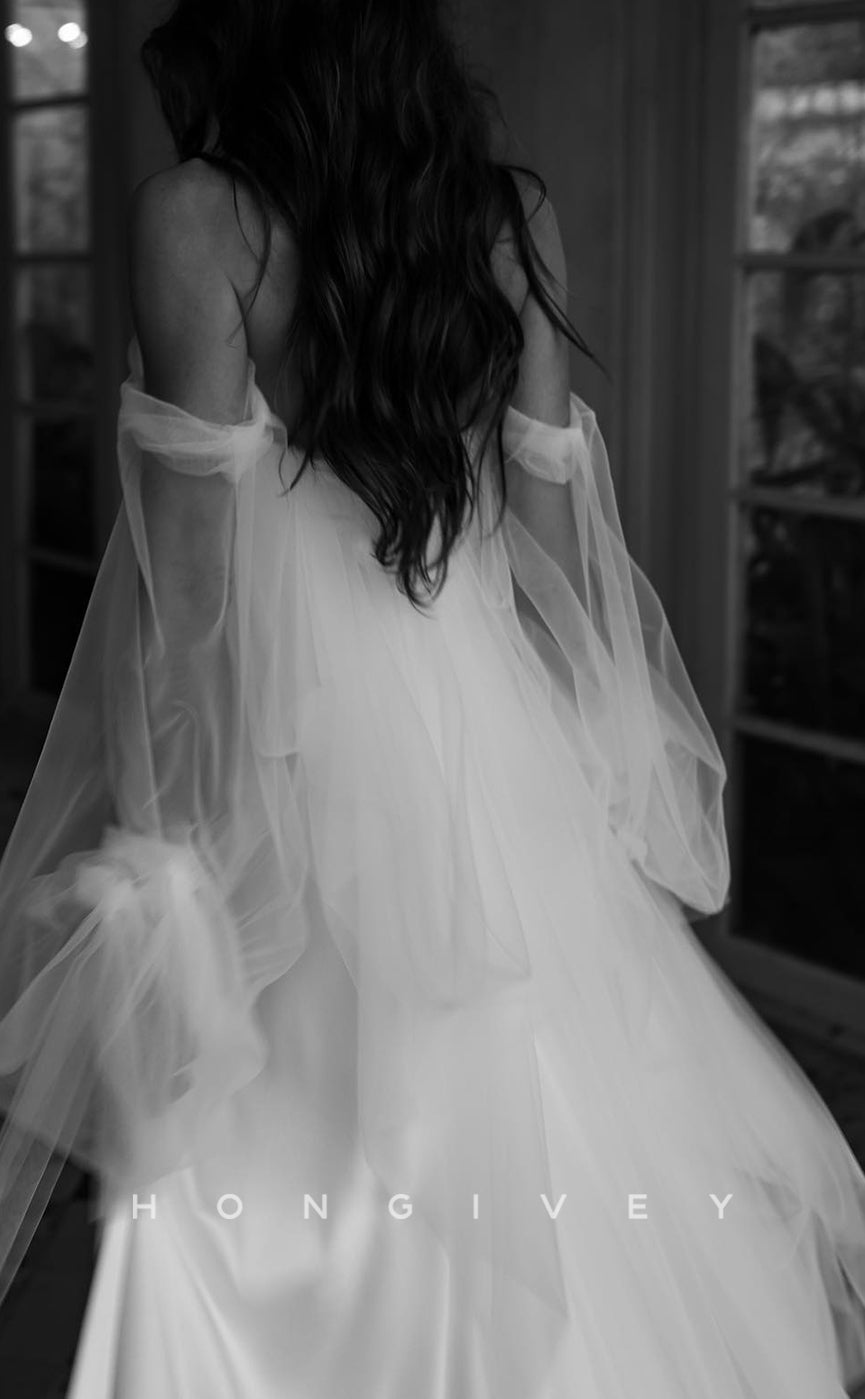 H1200 - Sexy Satin A-Line Sweetheart Long Sleeve Empire With Side Slit Train Beach Wedding Dress