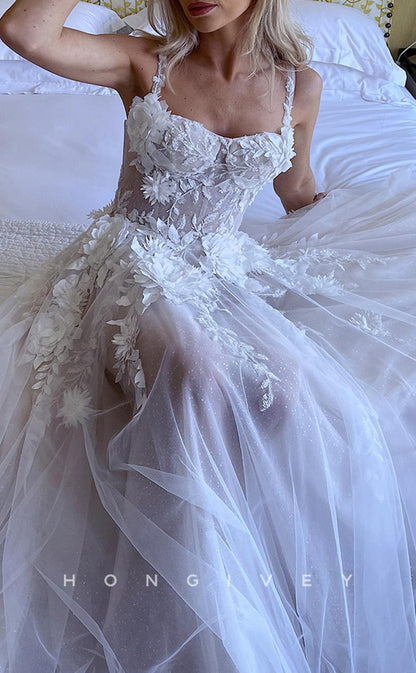 H1201 - Sexy Tulle A-Line Sweetheart Spaghetti Straps Floral  Appliques With Train Wedding Dress