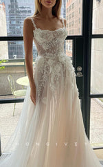 H1201 - Sexy Tulle A-Line Sweetheart Spaghetti Straps Floral  Appliques With Train Wedding Dress