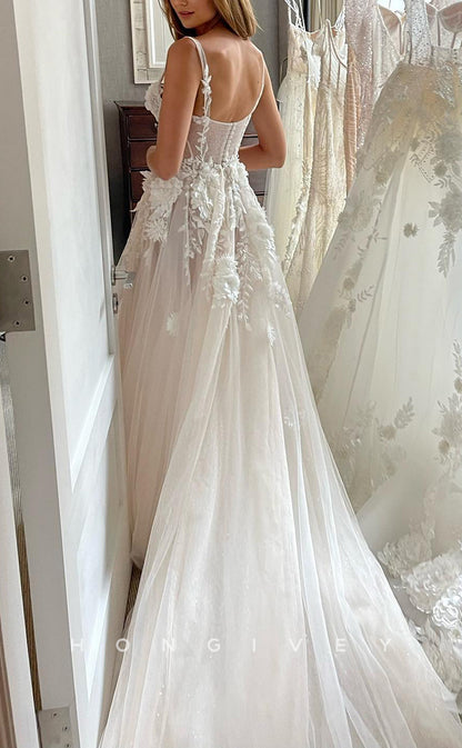 H1201 - Sexy Tulle A-Line Sweetheart Spaghetti Straps Floral  Appliques With Train Wedding Dress