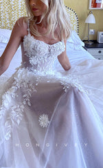 H1201 - Sexy Tulle A-Line Sweetheart Spaghetti Straps Floral  Appliques With Train Wedding Dress