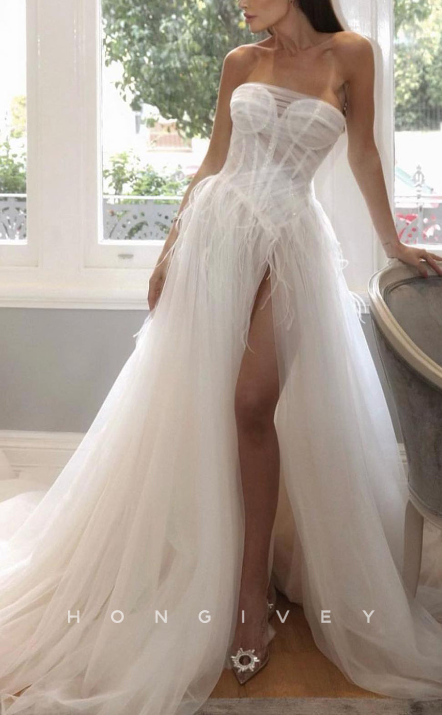 H1202 - Sexy Tulle A-Line Illusion Sweetheart Sleeveless Feathers Beaded With Side Slit Train Wedding Dress