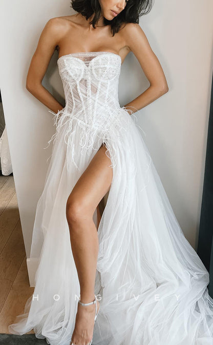 H1202 - Sexy Tulle A-Line Illusion Sweetheart Sleeveless Feathers Beaded With Side Slit Train Wedding Dress