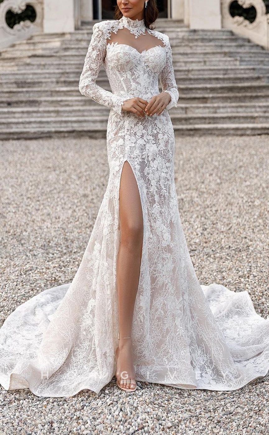 H1203 - Sexy Trumpt Satin High Neck Long Sleeve Appliques With Side Slit Train Wedding Dress
