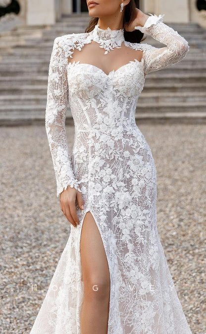 H1203 - Sexy Trumpt Satin High Neck Long Sleeve Appliques With Side Slit Train Wedding Dress