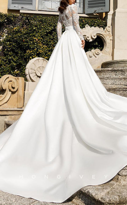 H1204 - Sexy Satin Illusion Fitted High Neck Long Sleeve Appliques With Train Wedding Dress
