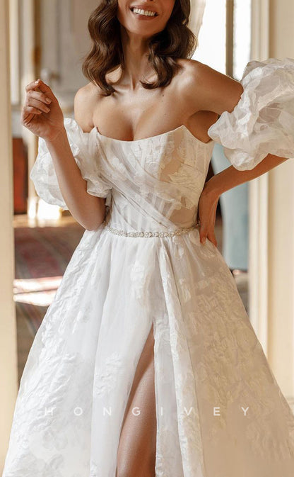 H1207 - Sexy Satin A-Line Bateau Strapless Puff Sleeves Gown Appliques Beaded With Train Wedding Dress