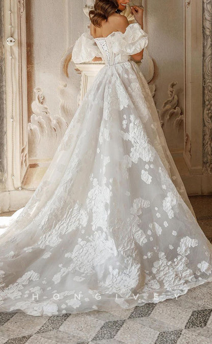 H1207 - Sexy Satin A-Line Bateau Strapless Puff Sleeves Gown Appliques Beaded With Train Wedding Dress