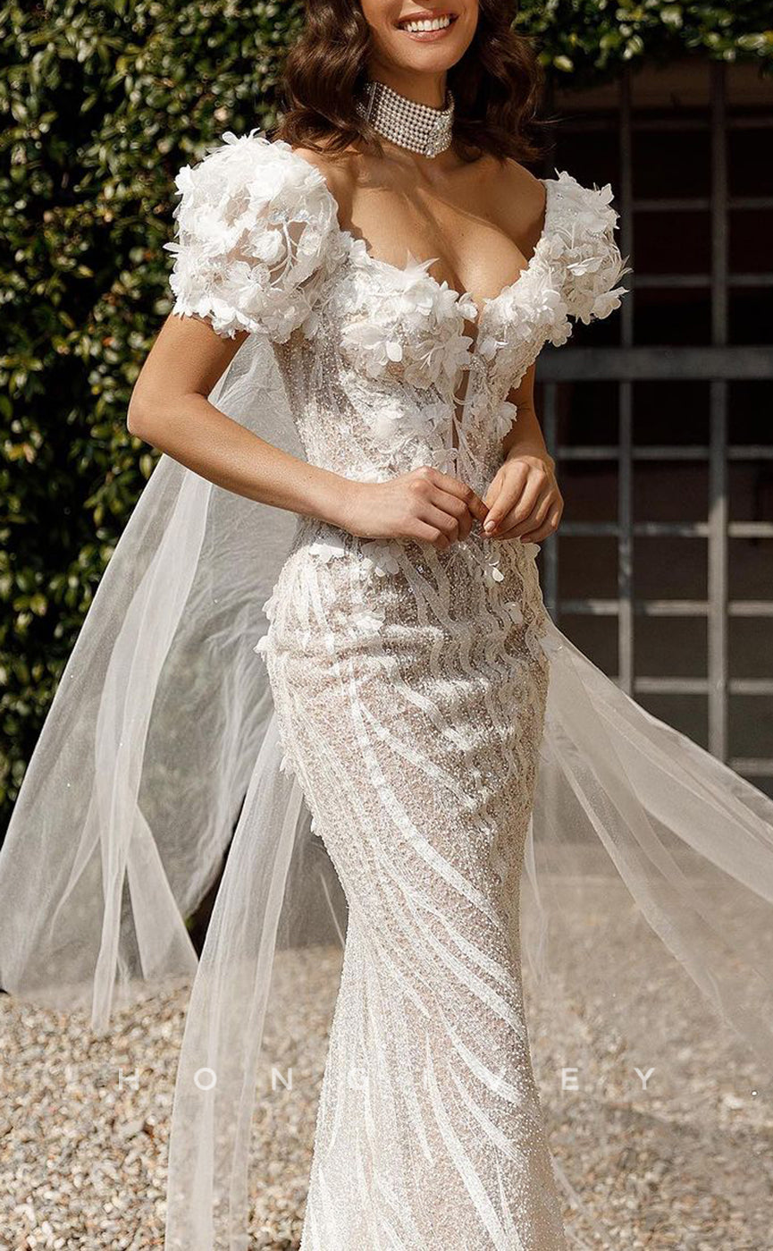 H1208 - Sexy Fitted Glitter Illusion Off-Shoulder Beaded Floral Embellished Wedding Dress