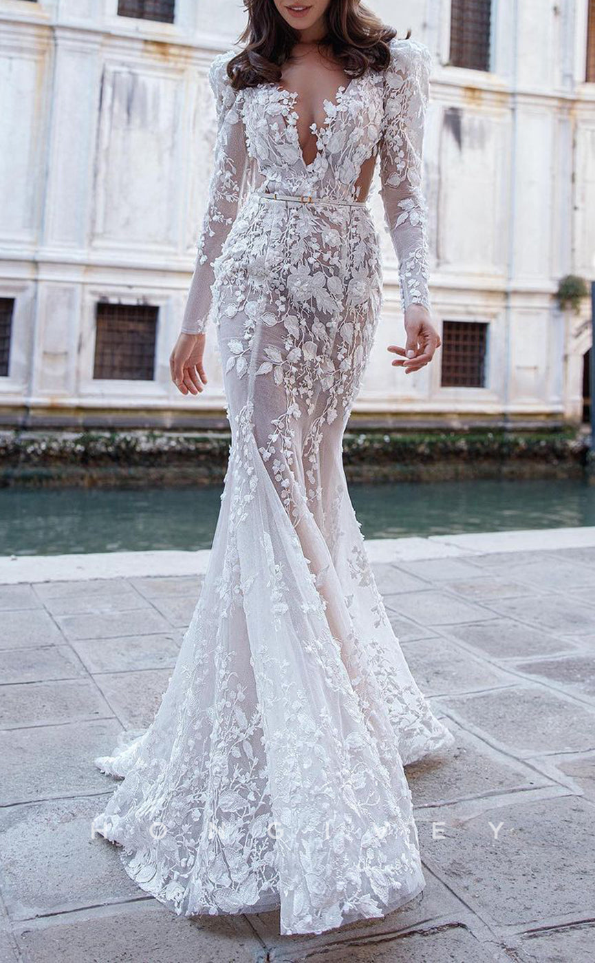 H1209 - Sexy Lace Trumpt V-Neck Long Sleeve Empire Belt Floral Embellished Wedding Dress