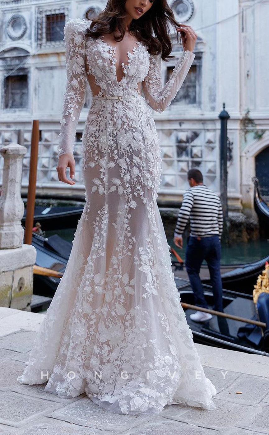 H1209 - Sexy Lace Trumpt V-Neck Long Sleeve Empire Belt Floral Embellished Wedding Dress