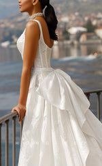 H1211 - Sexy Satin A-Line Square V-Neck Empire Bowknot Appliques With Train Wedding Dress