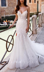 H1212 - Sexy Trumpt V-Neck Spaghetti Straps Empire Appliques Tulle Train Wedding Dress