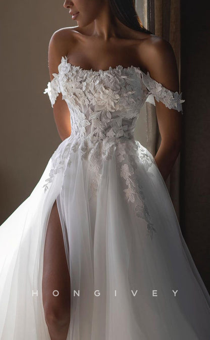 H1214 - Sexy Tulle A-Line Off-Shoulder Empire Appliques With Side Slit Wedding Dress