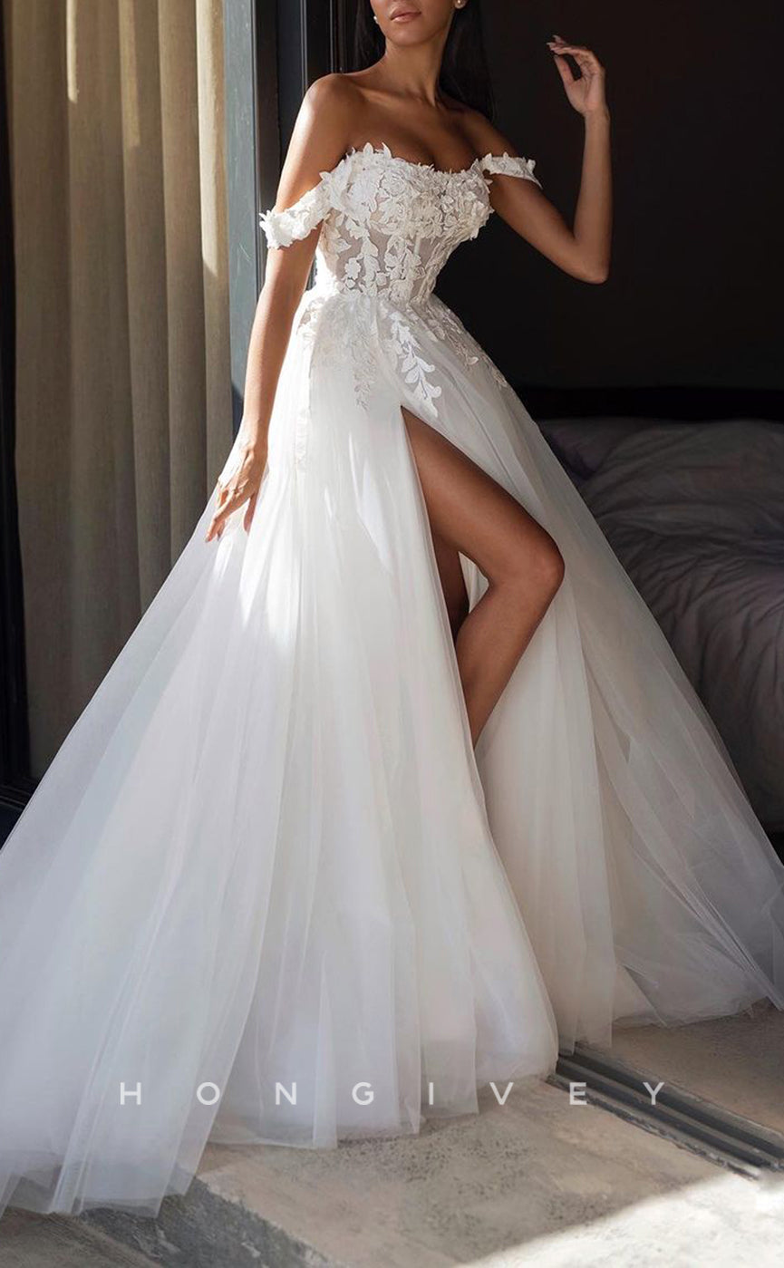 H1214 - Sexy Tulle A-Line Off-Shoulder Empire Appliques With Side Slit Wedding Dress