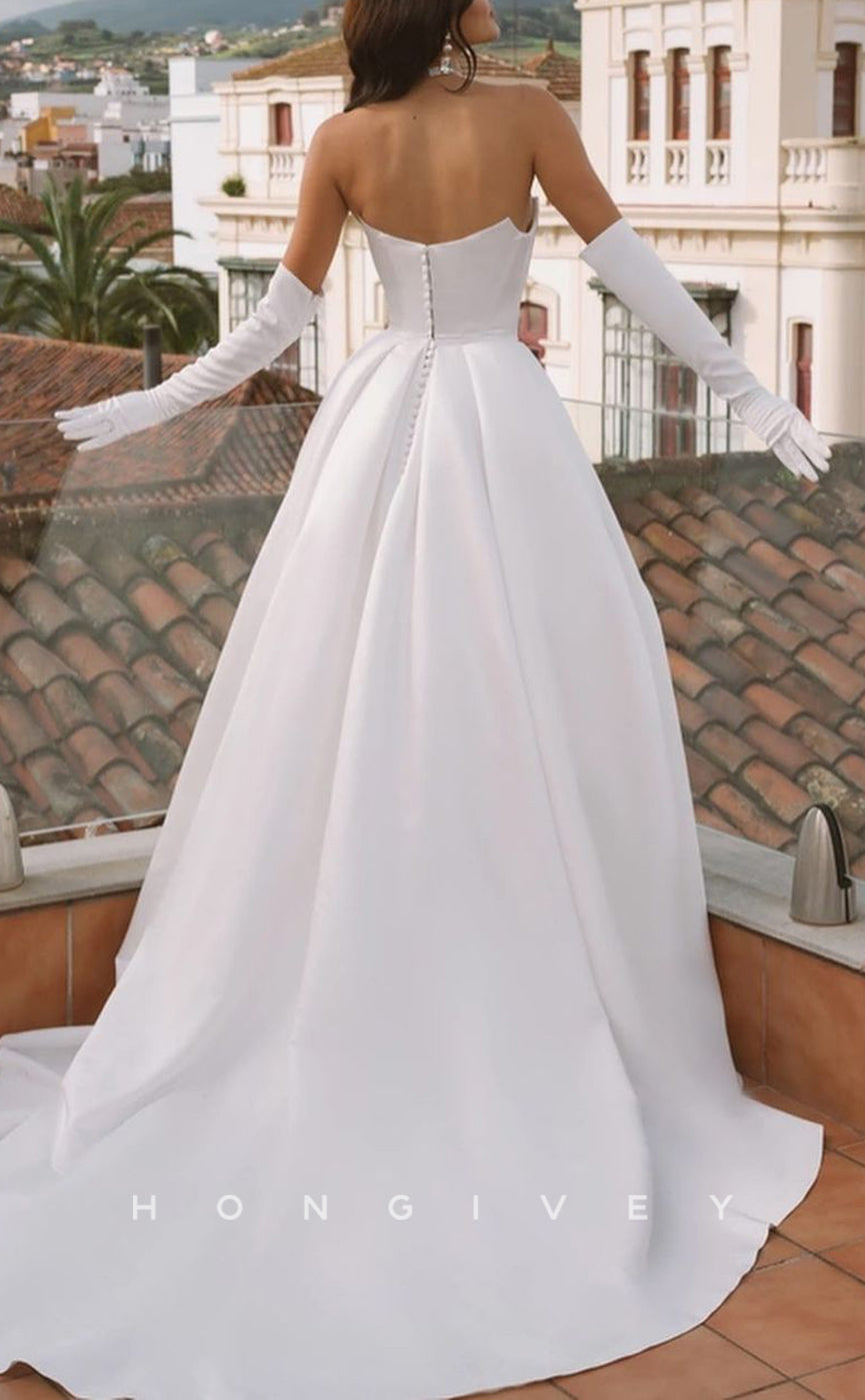 H1216 - Chic Satin A-Line Bateau Detachable Off-Shoulder Strapless Empire Gloves Wedding Dress