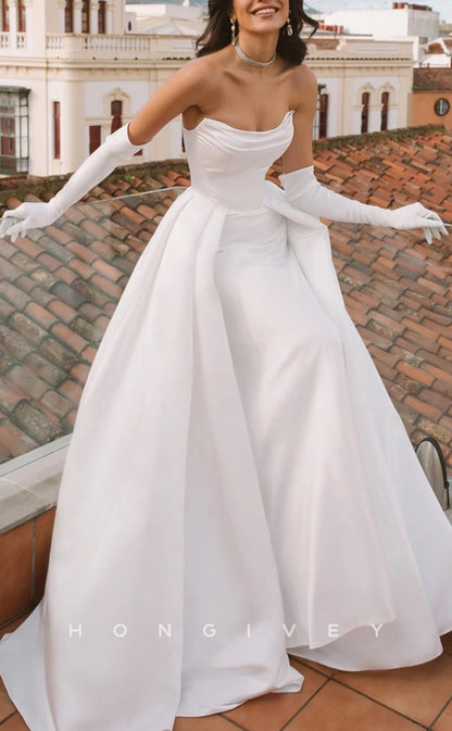H1216 - Chic Satin A-Line Bateau Detachable Off-Shoulder Strapless Empire Gloves Wedding Dress