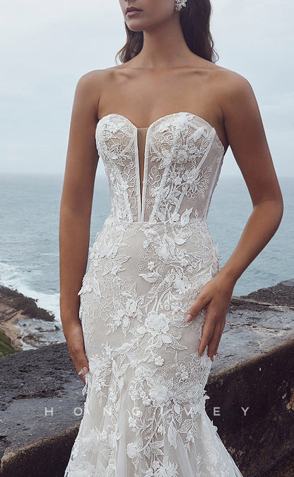 H1218 - Sexy Trumpt Lace Sweetheart Strapless Sleeveless Empire Appliques With Train Wedding Dress