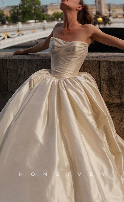 H1220 - Sexy Satin A-Line Sweetheart V-Neck Sleeveless Ruched With Train Wedding Dress