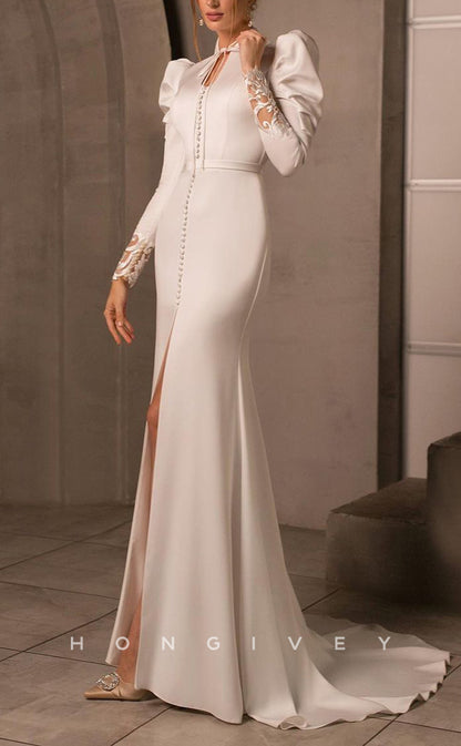 H1221 - Sexy Satin Fitted High Neck Long Sleeve Beaded With Slit Train Wedding Dress