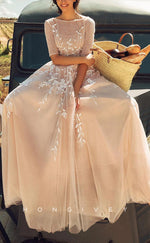 H1222 - Sexy Tulle A-Line Round Half Sleeves Style Empire Appliques Boho Wedding Dress