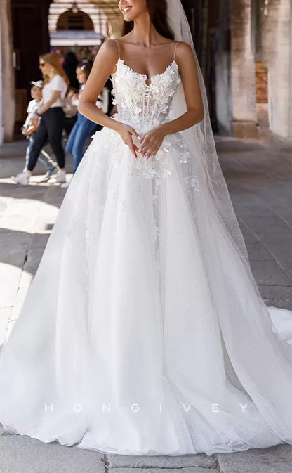 H1229 - Sexy Tulle A-Line Sweetheart Spaghetti Straps Empire Illusion Floral With Train Wedding Dress