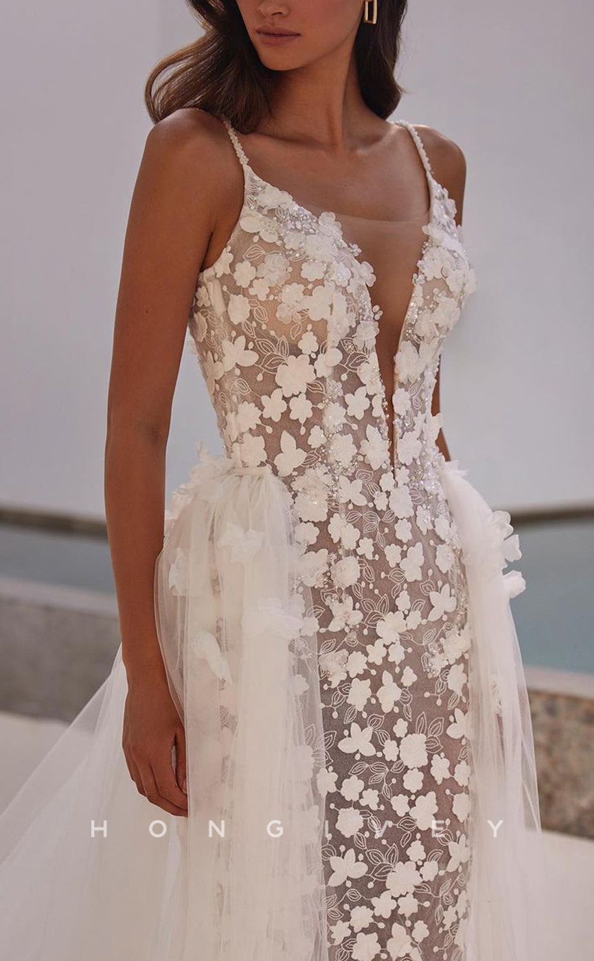 H1231 - Sexy Fitted Illusion V-Neck Spaghetti Straps Appliques With Overskirt Train Beach Wedding Dress