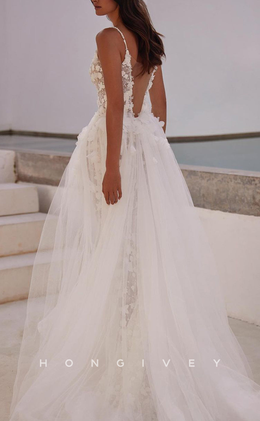 H1231 - Sexy Fitted Illusion V-Neck Spaghetti Straps Appliques With Overskirt Train Beach Wedding Dress