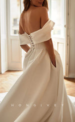 H1233 - Sexy Satin A-Line Off-Shoulder Bodice Empire With Pockets Train Wedding Dress